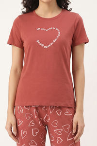 Zivame Knit Cotton Pyjama Set - Burnt Brick — thumbnail 5